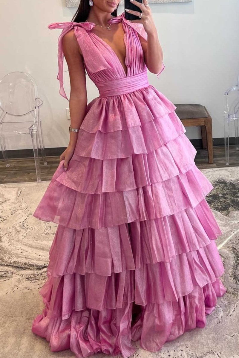KissProm-August Pink Glitter Tie Straps Pink Plunging Neck Tiered Long Prom Dress