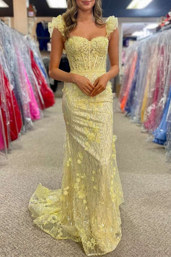 Yellow Ruffle Straps 3D Flower Mermaid Long Prom Dress – Prom Dress by KissProm | Available at KissProm