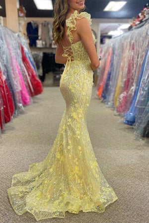 Yellow Ruffle Straps 3D Flower Mermaid Long Prom Dress – Prom Dress by KissProm | Available at KissProm