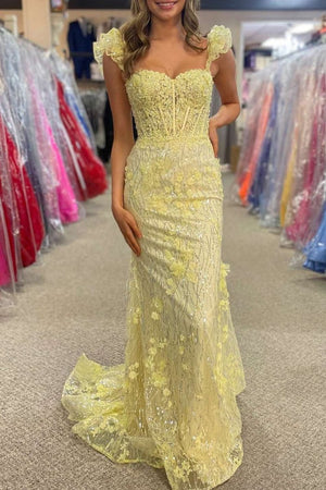 Yellow Ruffle Straps 3D Flower Mermaid Long Prom Dress – Prom Dress by KissProm | Available at KissProm