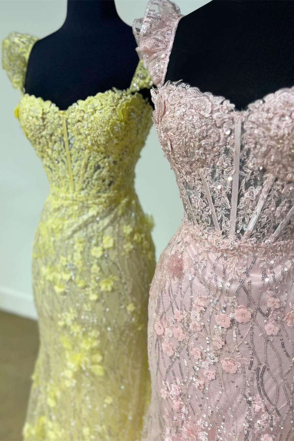 Yellow Ruffle Straps 3D Flower Mermaid Long Prom Dress – Prom Dress by KissProm | Available at KissProm