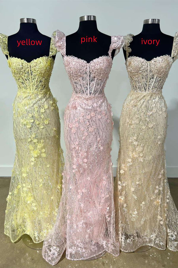 Yellow Ruffle Straps 3D Flower Mermaid Long Prom Dress – Prom Dress by KissProm | Available at KissProm
