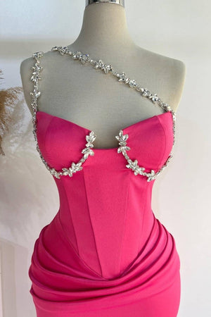 Hot Pink One Shoulder Rhinestones Pleated Long Prom Dresses - KISSPROM PROM DRESSES