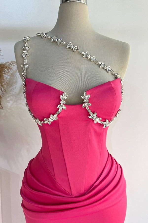 Hot Pink One Shoulder Rhinestones Pleated Long Prom Dresses - KISSPROM PROM DRESSES