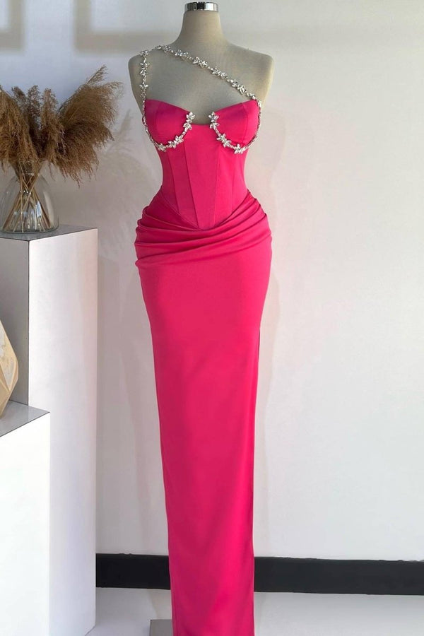 Hot Pink One Shoulder Rhinestones Pleated Long Prom Dresses - KISSPROM PROM DRESSES