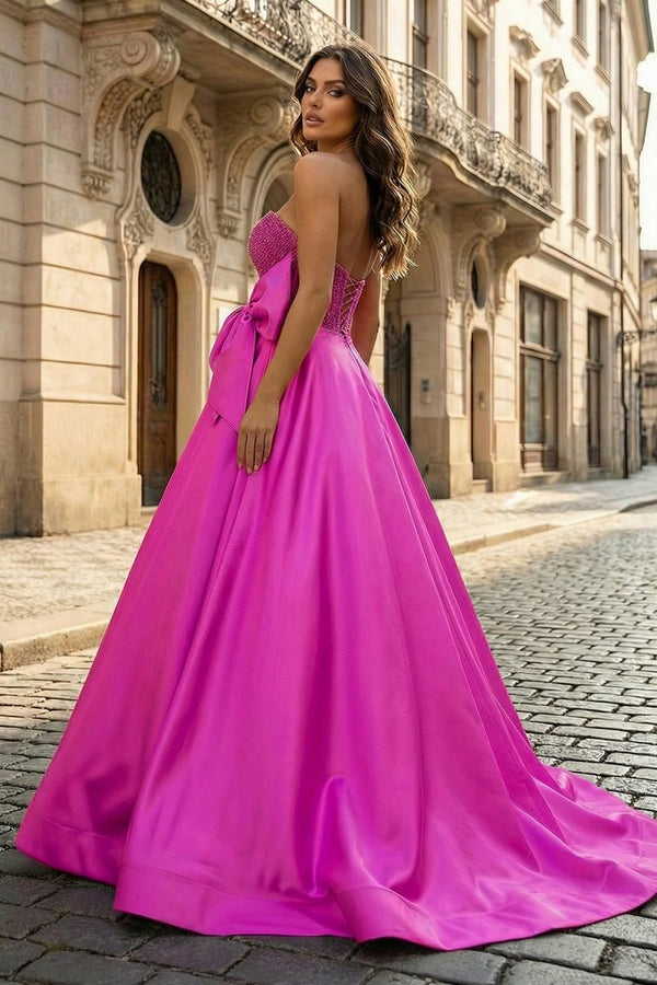 A - Line Sweetheart Lilac Beaded Long Prom Dresses With Bow - KissProm