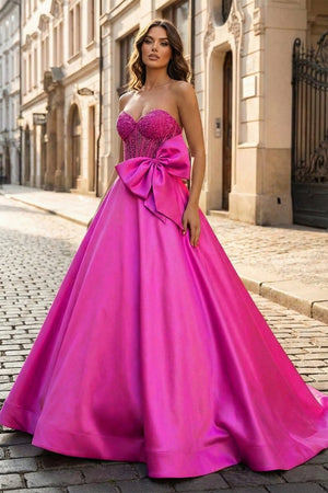 A - Line Sweetheart Lilac Beaded Long Prom Dresses With Bow - KissProm
