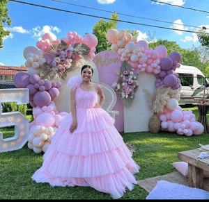 Pink A-line Tiered One Shoulder Tulle Ball Gown Pink Quinceanera Dresses