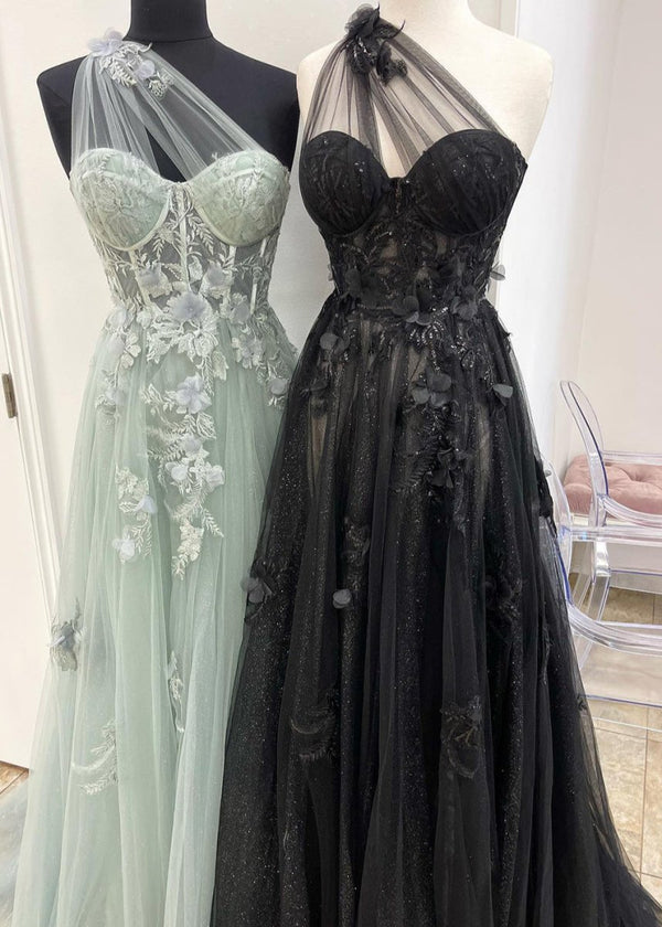 A Line One Shoulder Black Long Prom Dress with Appliques – Prom Dress by KissProm | Available at KissProm