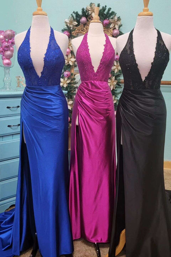 Nerute | Fuchsia Lace Applique Satin High Slit Mermaid Prom Dress - KissProm