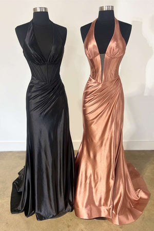 Navy Halter Corset Mermaid Ruched Long Formal Dress with Slit – Prom Dress by KissProm | Available at KissProm