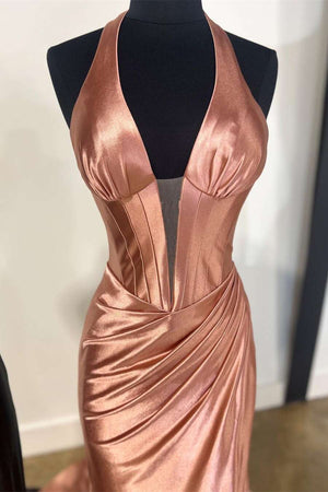 Navy Halter Corset Mermaid Ruched Long Formal Dress with Slit – Prom Dress by KissProm | Available at KissProm
