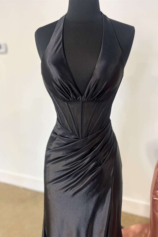 Navy Halter Corset Mermaid Ruched Long Formal Dress with Slit – Prom Dress by KissProm | Available at KissProm