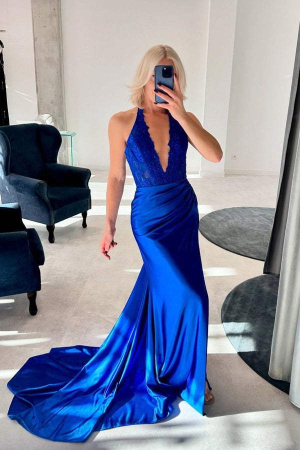 Nerute | Fuchsia Lace Applique Satin High Slit Mermaid Prom Dress - KissProm