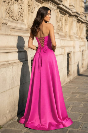 A Line Black Strapless Satin Prom Dresses With Slit – Prom Dress by KissProm | Available at KissProm