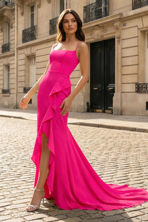Yellow Spaghetti Straps Mermaid Satin Formal Prom Dress - KissProm