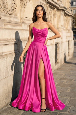 A Line Black Strapless Satin Prom Dresses With Slit – Prom Dress by KissProm | Available at KissProm