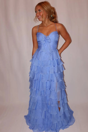A Line Spaghetti Straps Yellow Long Prom Dress with Ruffles – Prom Dresses by KissProm | Available at KissProm