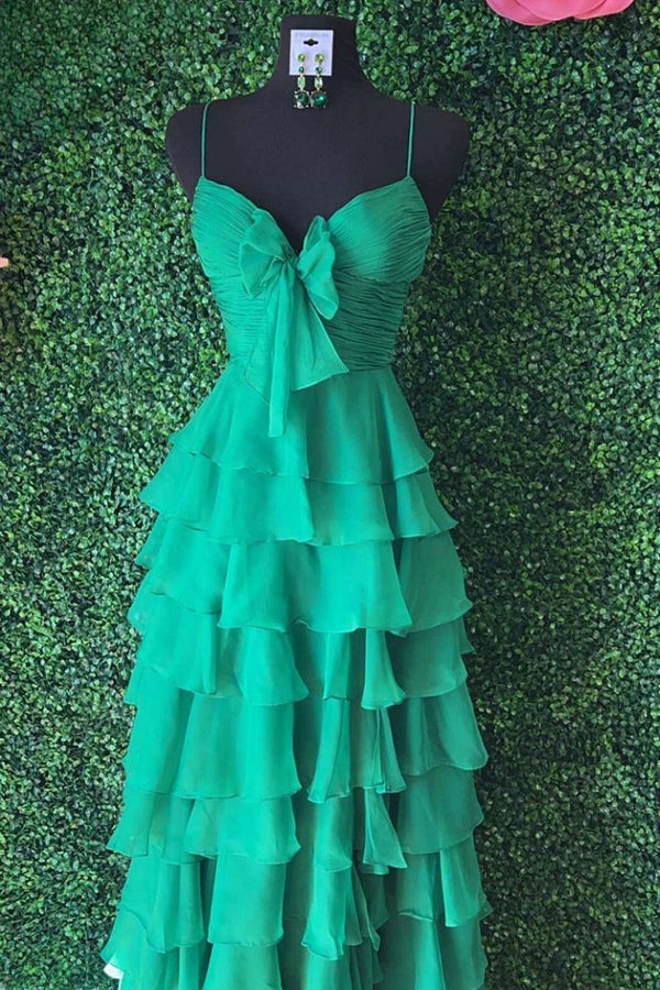 A Line Spaghetti Straps Yellow Long Prom Dress with Ruffles – Prom Dresses by KissProm | Available at KissProm