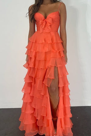 A Line Spaghetti Straps Yellow Long Prom Dress with Ruffles – Prom Dresses by KissProm | Available at KissProm