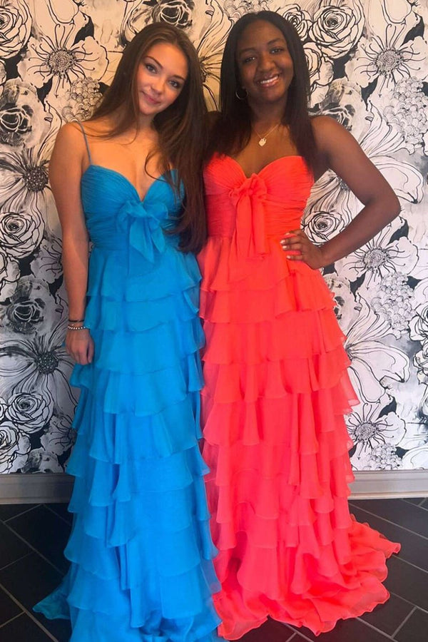 A Line Spaghetti Straps Yellow Long Prom Dress with Ruffles – Prom Dresses by KissProm | Available at KissProm