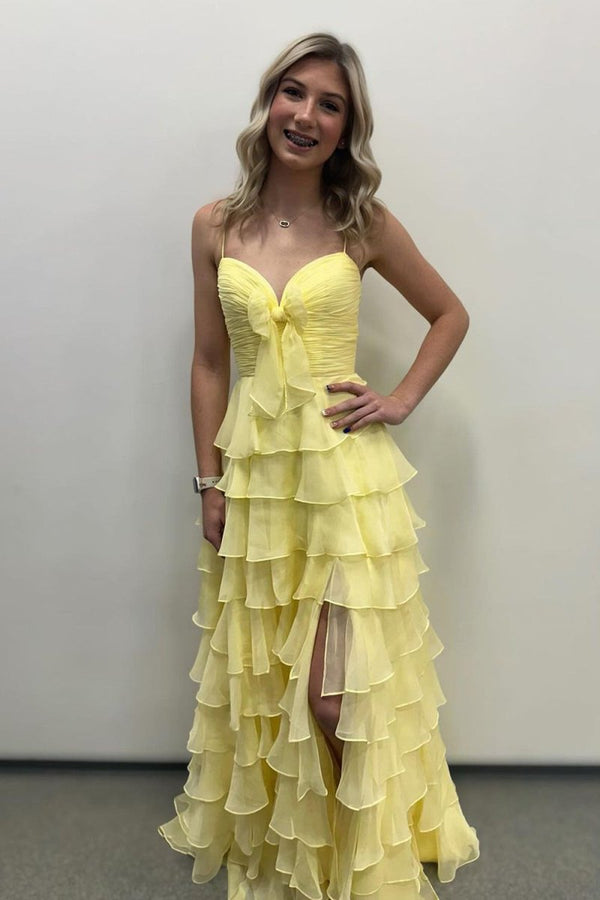 A Line Spaghetti Straps Yellow Long Prom Dress with Ruffles – Prom Dresses by KissProm | Available at KissProm