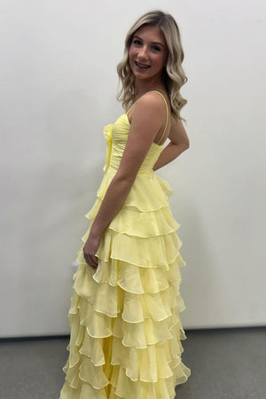 A Line Spaghetti Straps Yellow Long Prom Dress with Ruffles – Prom Dresses by KissProm | Available at KissProm
