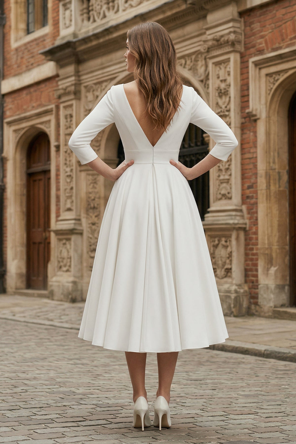 Vintage Sleeved A-Line V-neck Satin Tea Length Wedding Dress