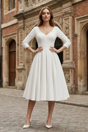 Vintage Sleeved A-Line V-neck Satin Tea Length Wedding Dress