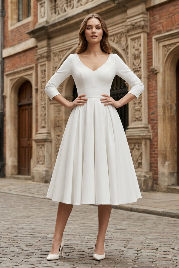 Vintage Sleeved A-Line V-neck Satin Tea Length Wedding Dress