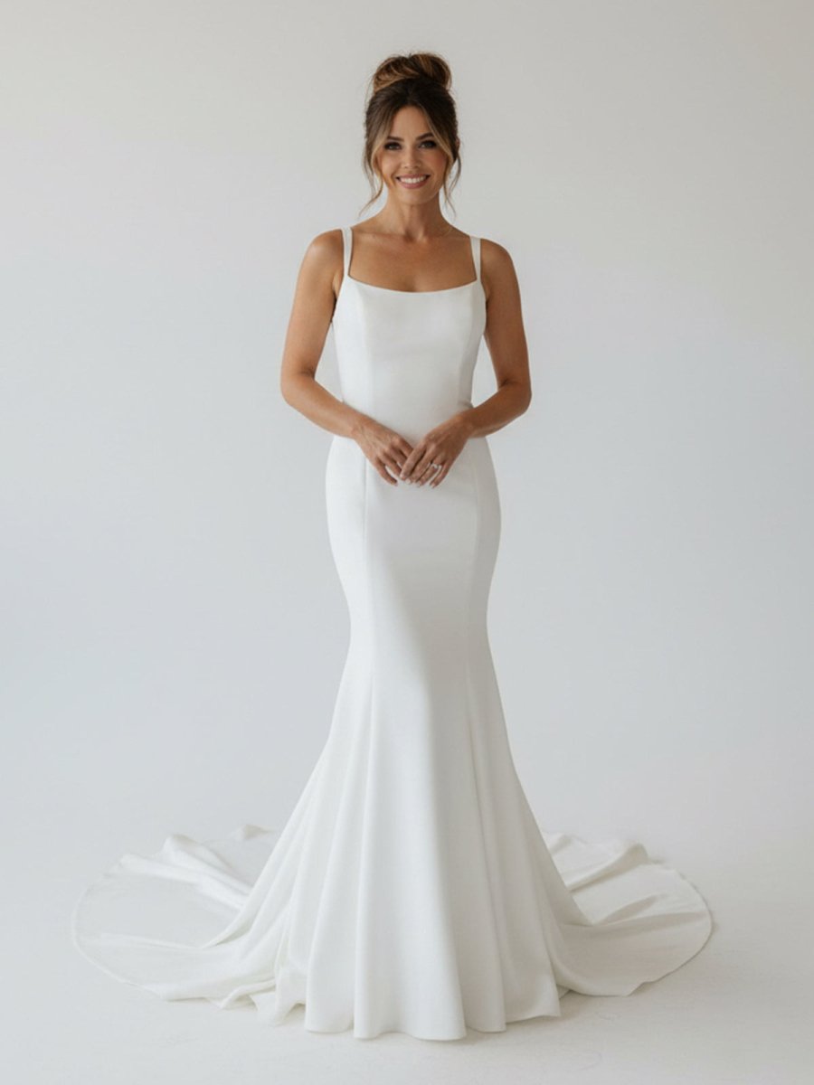 Simple Mermaid Scoop Neck Backless Satin Wedding Dresses - KissProm