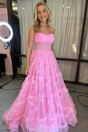 A-Line Strapless Ruffles Long Formal Dress with Puff Sleeves – Prom Dress by KissProm | Available at KissProm