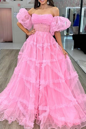 A-Line Strapless Ruffles Long Formal Dress with Puff Sleeves – Prom Dress by KissProm | Available at KissProm