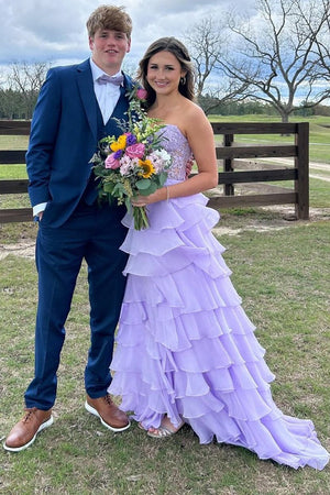 Royal Blue Chiffon Sweetheart Ruffle Tiered Long Prom Dress – Prom Dress by Kissprom | Available at KissProm
