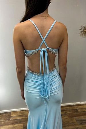 Sky Blue Spaghetti Straps Cutout Rhinestone Mermaid Long Formal Dress – Prom Dress by KissProm | Available at KissProm