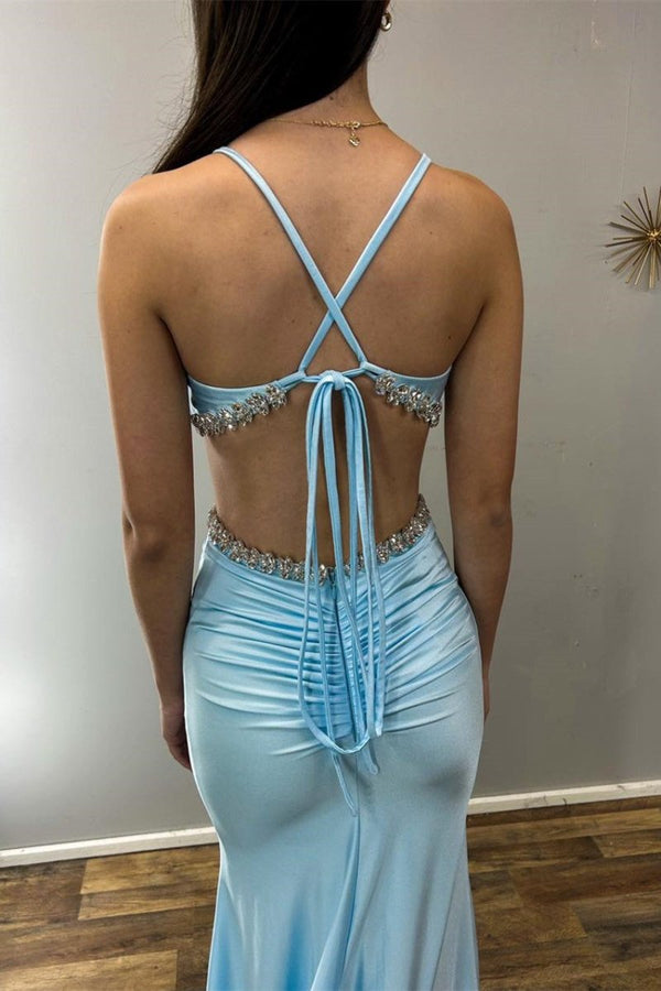 Sky Blue Spaghetti Straps Cutout Rhinestone Mermaid Long Formal Dress – Prom Dress by KissProm | Available at KissProm