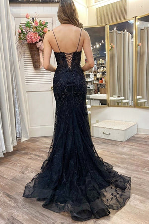 Black Appliques Plunge V Lace-Up Trumpet Prom Gown – Prom Dress by KissProm | Available at KissProm