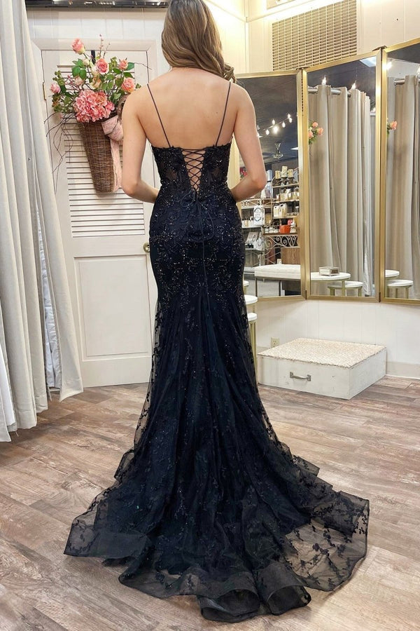 Black Appliques Plunge V Lace-Up Trumpet Prom Gown – Prom Dress by KissProm | Available at KissProm