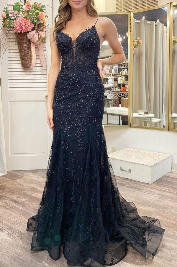 Black Appliques Plunge V Lace-Up Trumpet Prom Gown – Prom Dress by KissProm | Available at KissProm