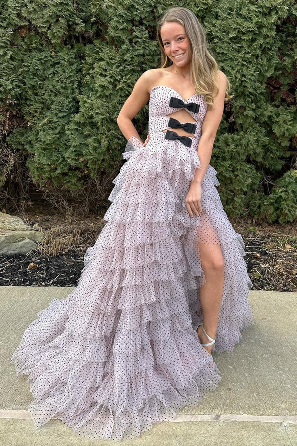 Polka Dot Strapless Ruffle Tiered Prom Gown with Keyholes – Prom Dress by KissProm | Available at KissProm