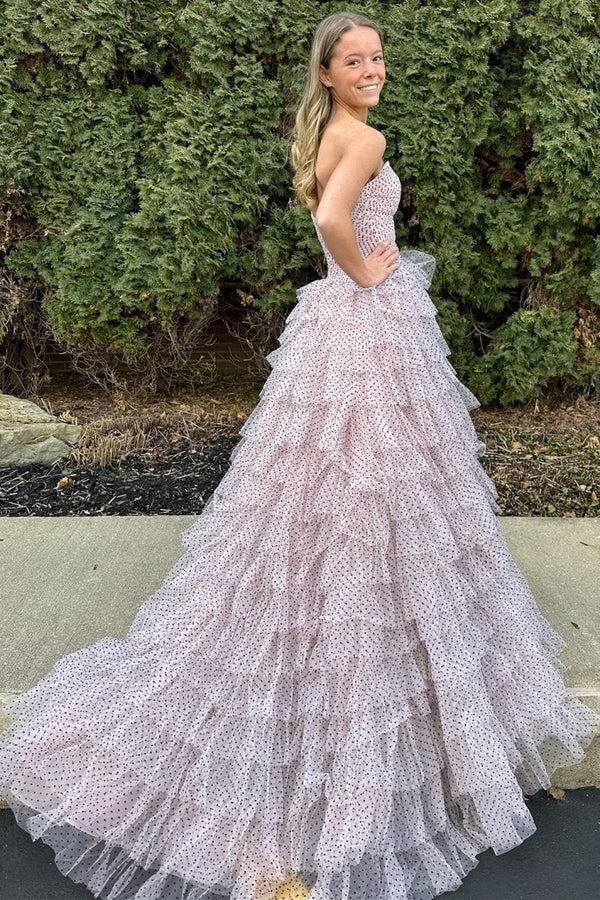 Polka Dot Strapless Ruffle Tiered Prom Gown with Keyholes – Prom Dress by KissProm | Available at KissProm