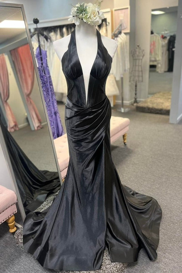 Navy Halter Corset Mermaid Ruched Long Formal Dress with Slit – Prom Dress by KissProm | Available at KissProm