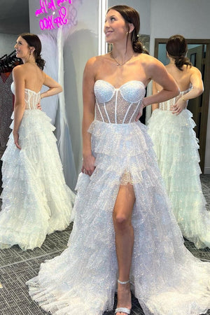 Eleanor | Glitter Tulle Corset Ruffle Tiered Long Prom Dress with Slit - KissProm