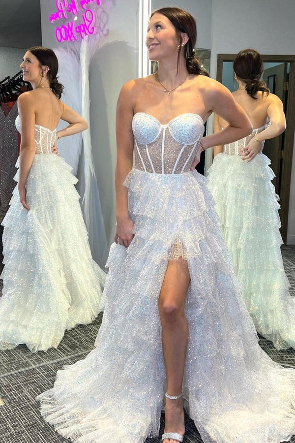 Eleanor | Glitter Tulle Corset Ruffle Tiered Long Prom Dress with Slit - KissProm