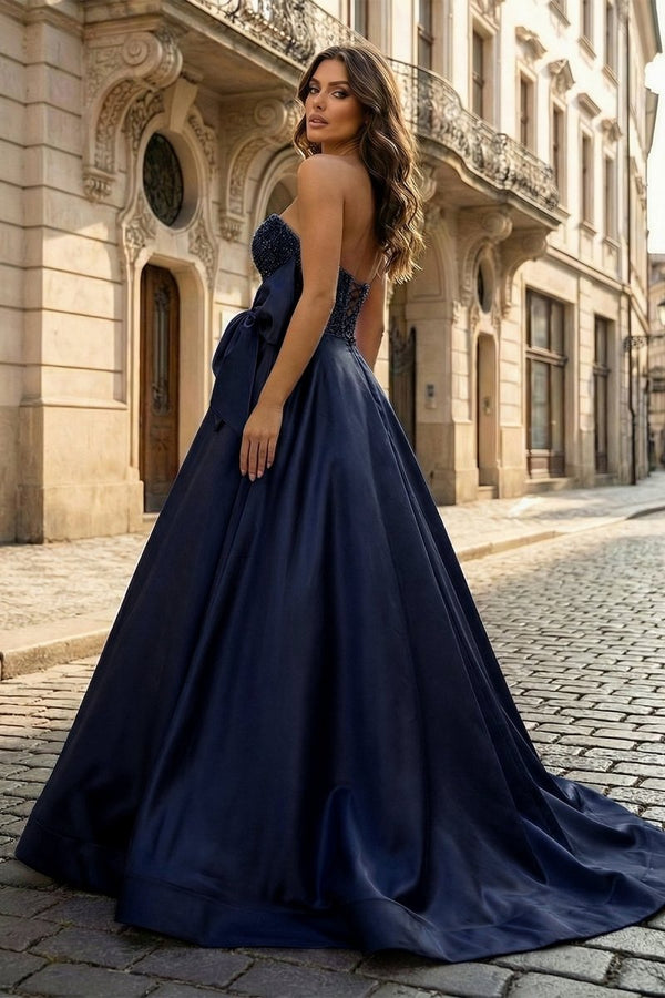 A - Line Sweetheart Lilac Beaded Long Prom Dresses With Bow - KissProm
