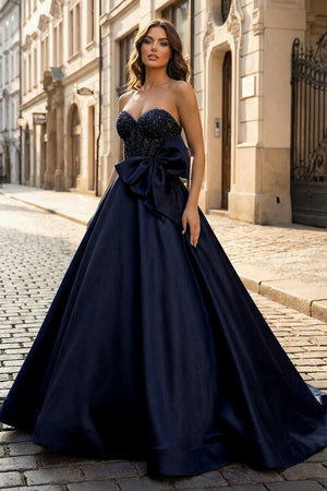 A - Line Sweetheart Lilac Beaded Long Prom Dresses With Bow - KissProm
