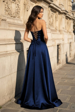 A Line Black Strapless Satin Prom Dresses With Slit – Prom Dress by KissProm | Available at KissProm