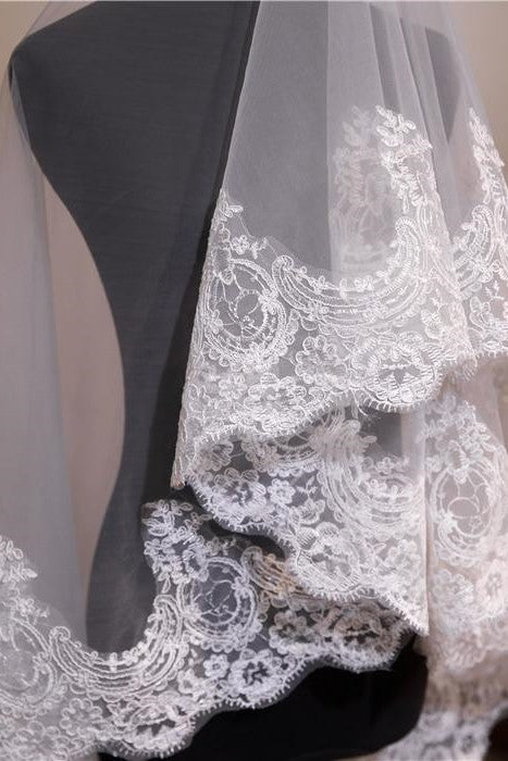 Vintage One - Tier Tulle Lace Edge Chapel Veils Appliques Wedding Veil - KissProm