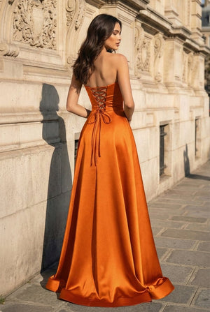 A Line Black Strapless Satin Prom Dresses With Slit – Prom Dress by KissProm | Available at KissProm