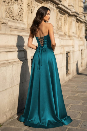 A Line Black Strapless Satin Prom Dresses With Slit – Prom Dress by KissProm | Available at KissProm